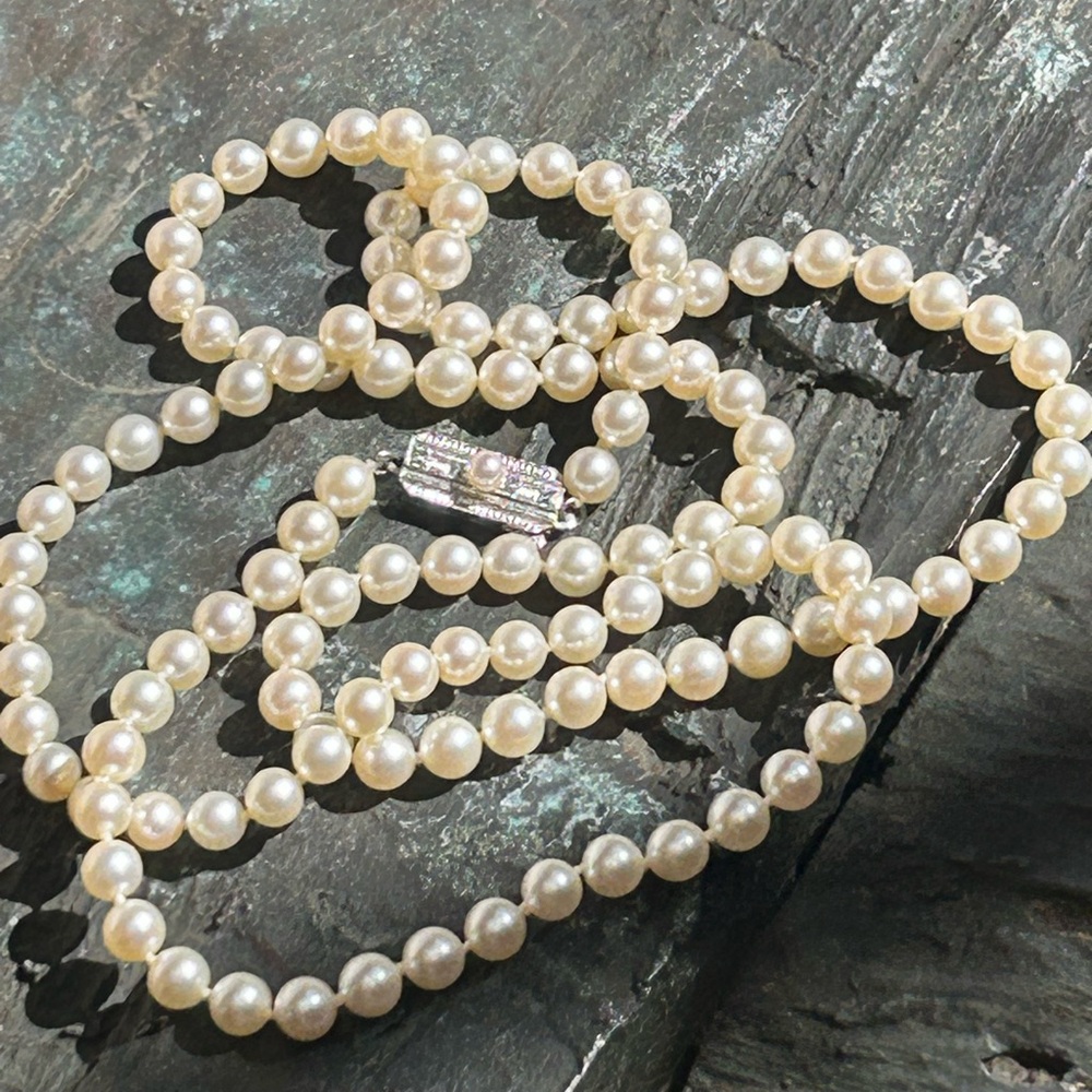Vintage Mikimoto sterling silver 5.5mm AKoya Pearl hand knotted Necklace 29-30”